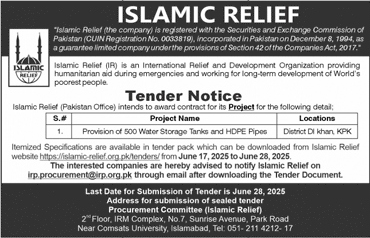 Islamic Relief Islamabad Tender Notice